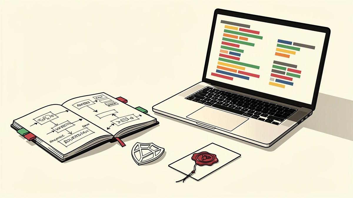 Schreibtisch mit Laptop, Notizbuch, Markierungen und versiegelter Karte als Sinnbild für Repo-Audit