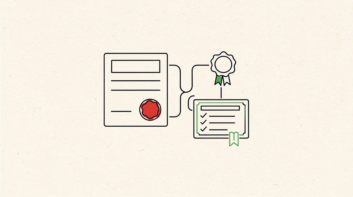 Empty certificate with seal, code brackets and check mark on a paper background.
