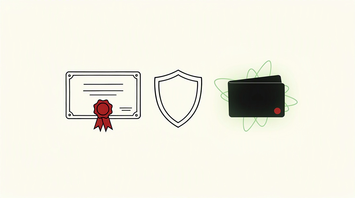 Plain certificate card with seal, shield symbol and simple wallet card.