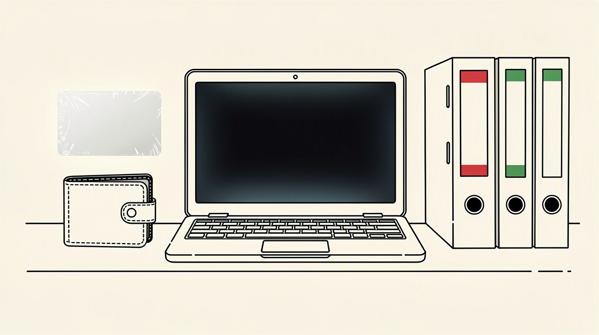 Versiegelte Karte, schlichtes Wallet und Laptop als Sinnbild für prüfbare Nachweise