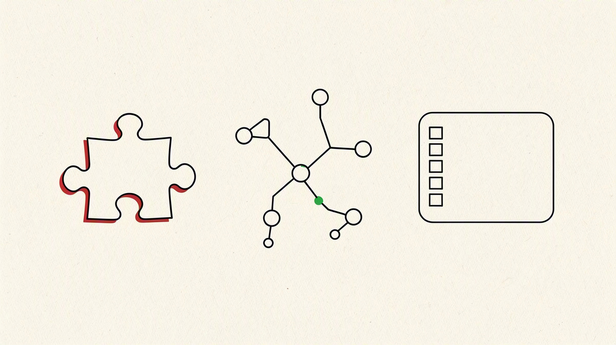 Jigsaw piece, project diagram and empty checklist as a symbol of replacing experience