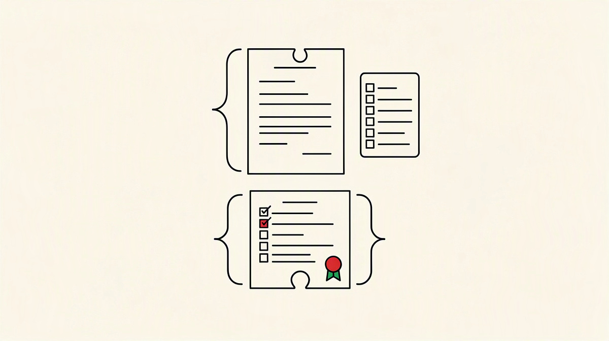 Blank CV sheet, checklist and code bracket as a puzzle piece, isolated on a paper background.