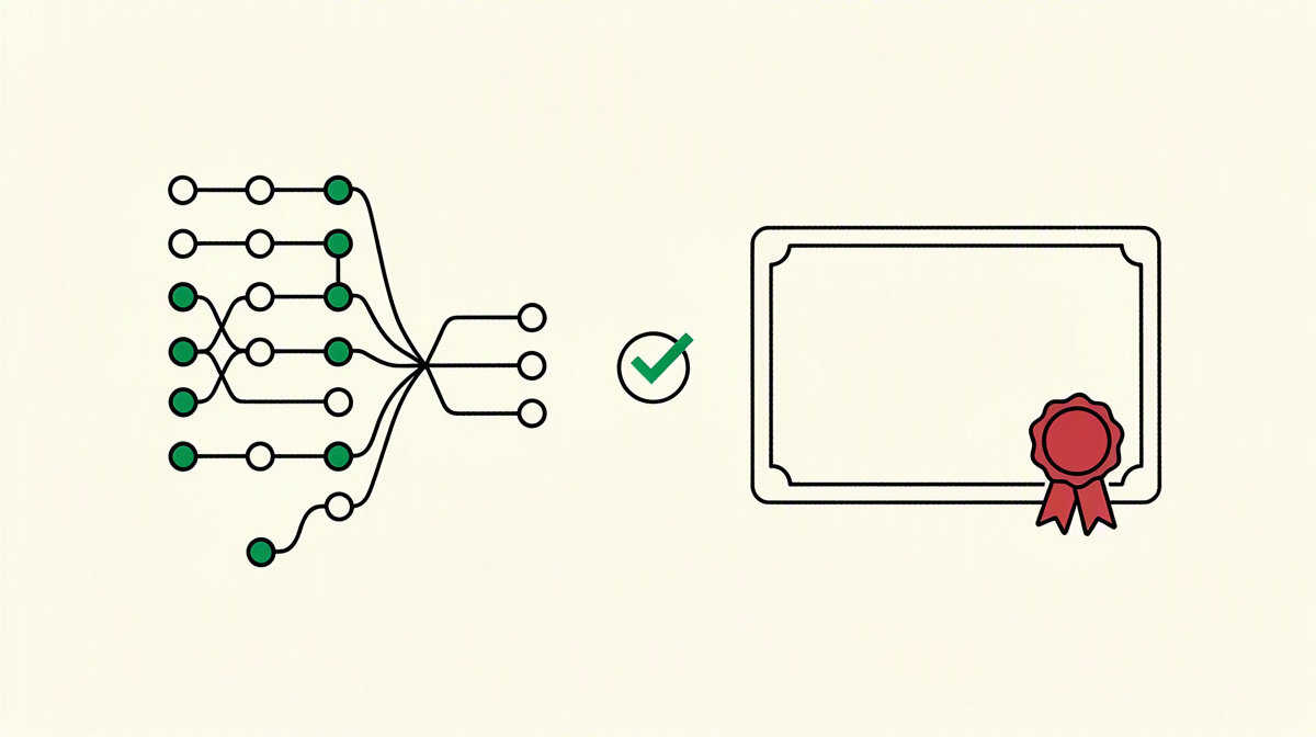 Branching diagram next to a blank certificate with seal and small verification mark.