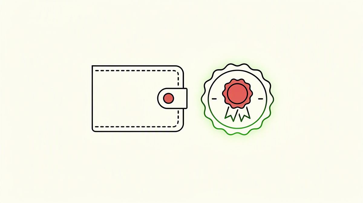 Plain proof card with seal, wallet symbol and verification badge on a paper background.