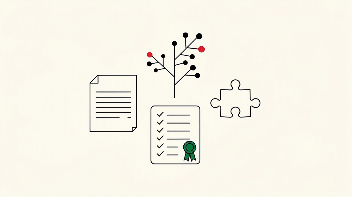 Branch-Diagramm, Checkliste und Puzzleteil als Zeichen für sichtbare Repository-Spuren.