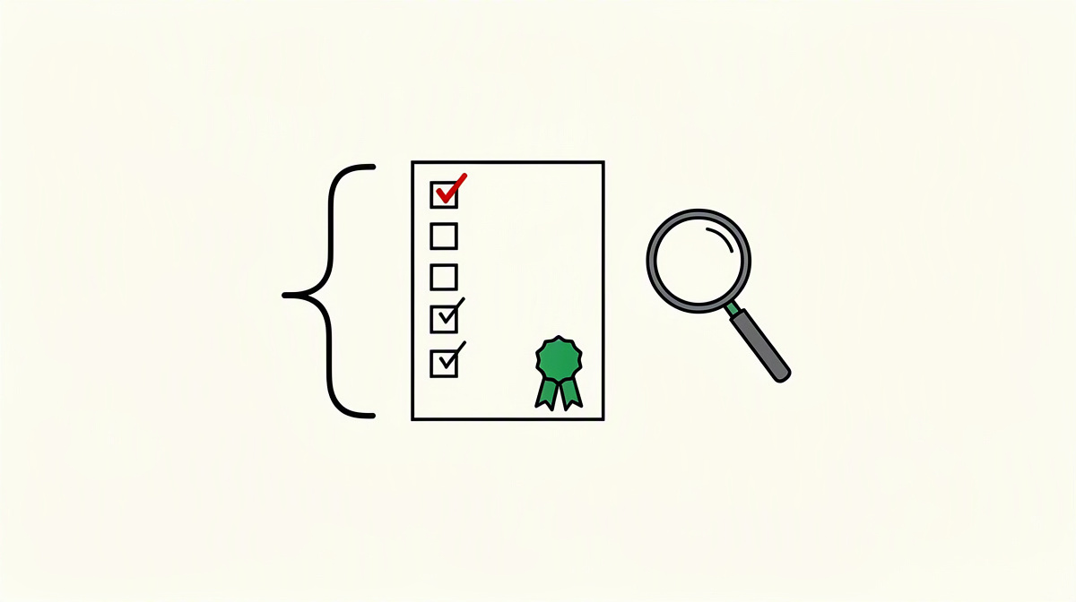 Blank checklist next to a code bracket and magnifying glass on a light background.