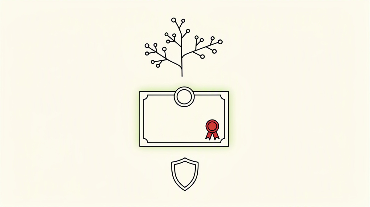 Branching diagram above a certificate with a seal and a small protection symbol.