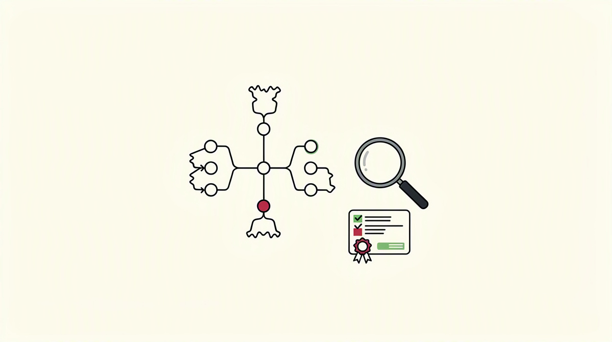 Branch-Diagramm mit Lupe und Code-Klammer als Sinnbild für Repository-Prüfung.