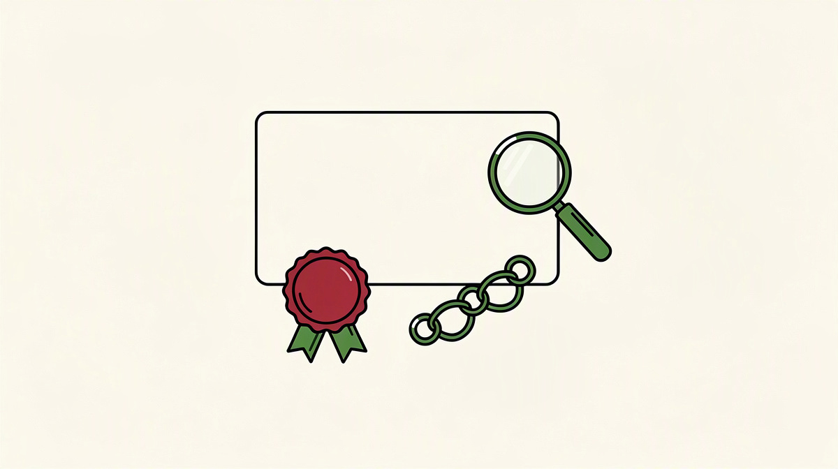 Blank certificate with a seal, magnifying glass and small connected nodes as a symbol of verifiable proofs.