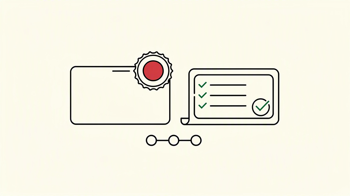 Blank credential card with seal, connected nodes and verification mark