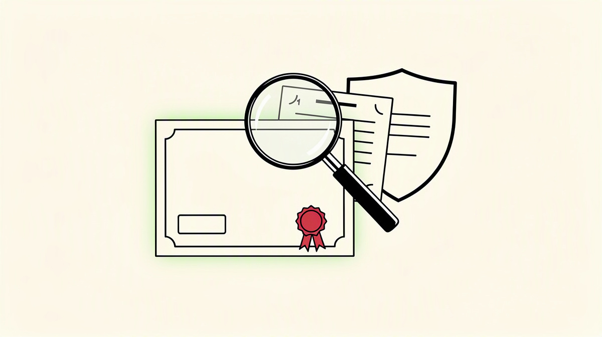 Magnifying glass over sealed credential and partially obscured card with protection symbol