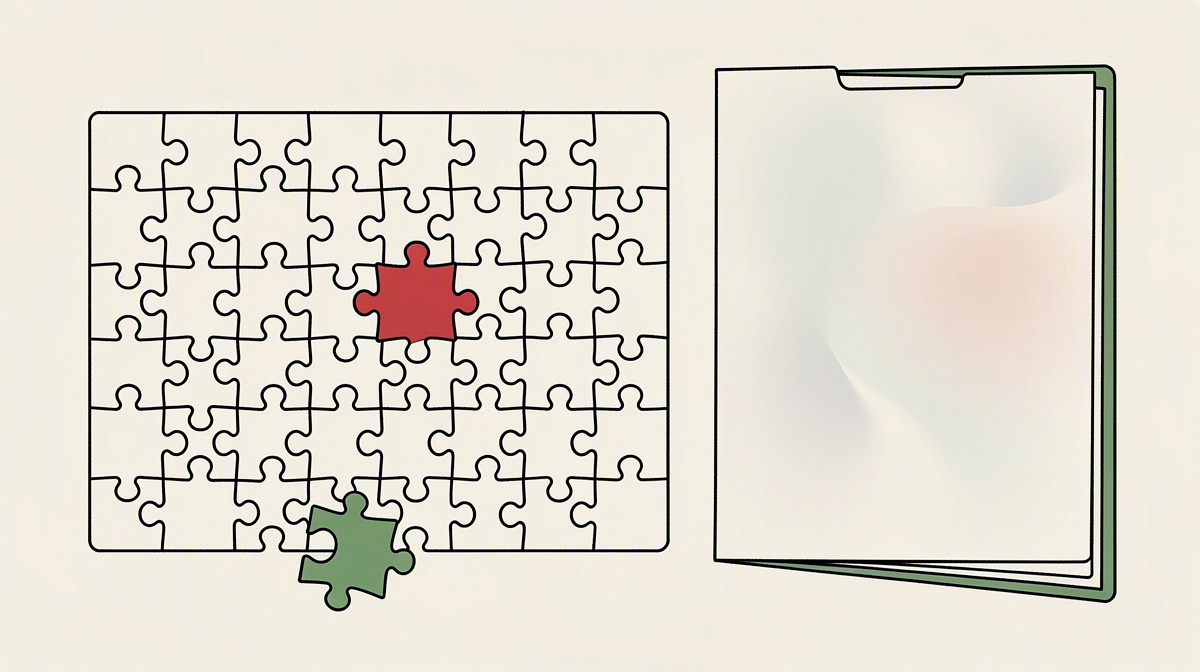 Ein einzelnes Puzzleteil neben unvollständigem Puzzle und Laptop auf einem Schreibtisch