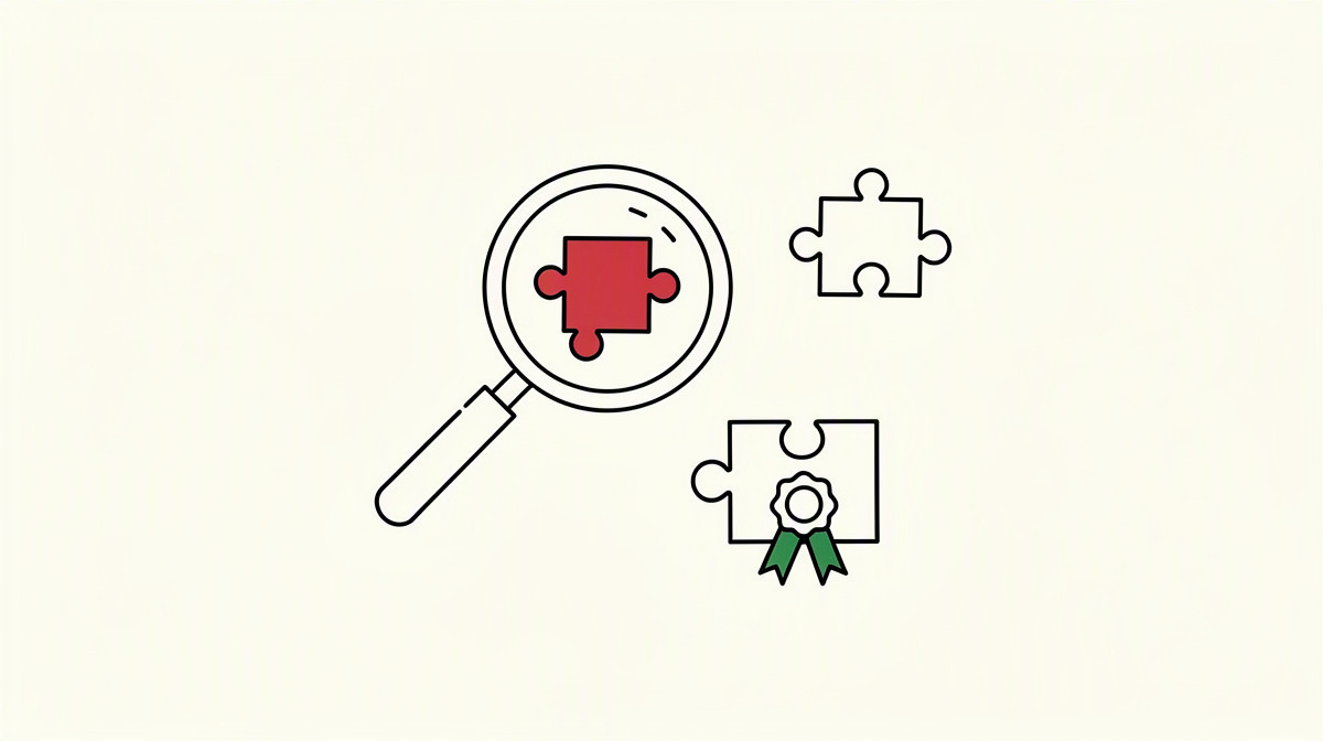 Magnifying glass over a single puzzle piece, with two separate pieces beside it on a light background