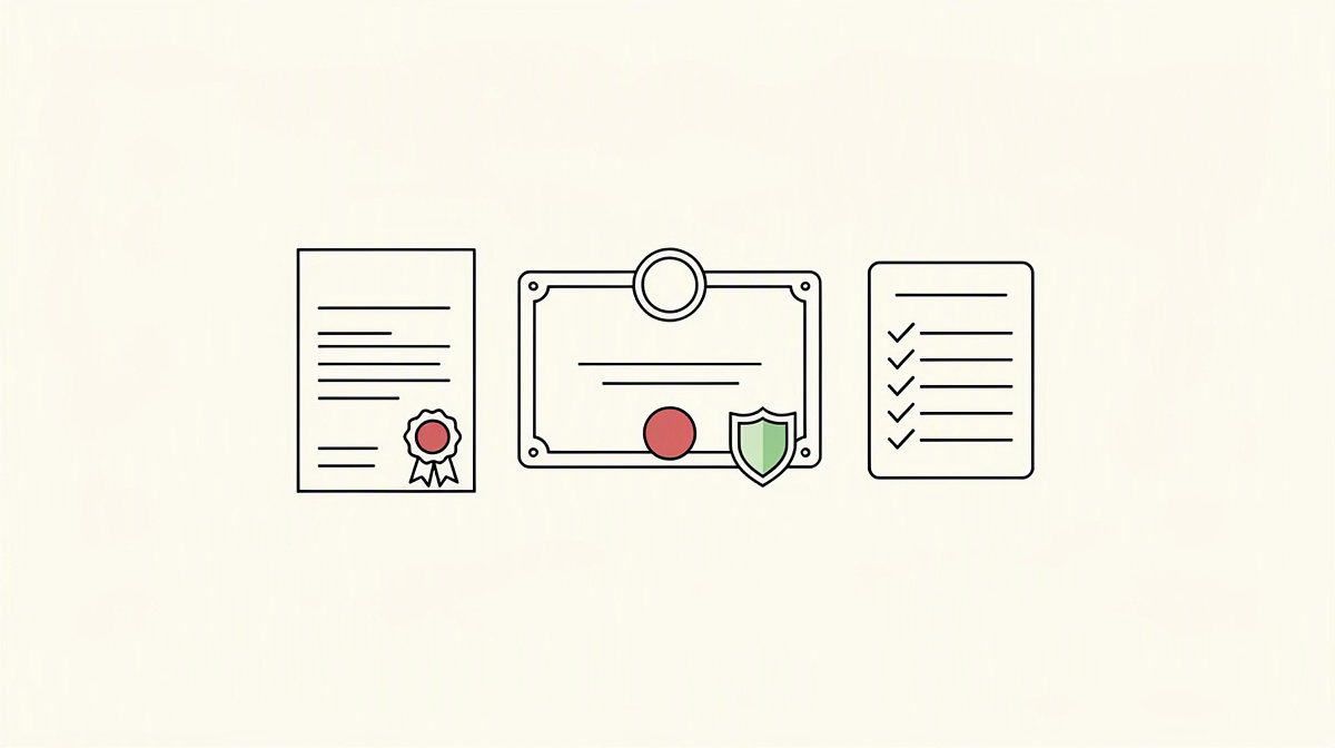 Blank certificate with seal next to a checklist and shield symbol on a light background