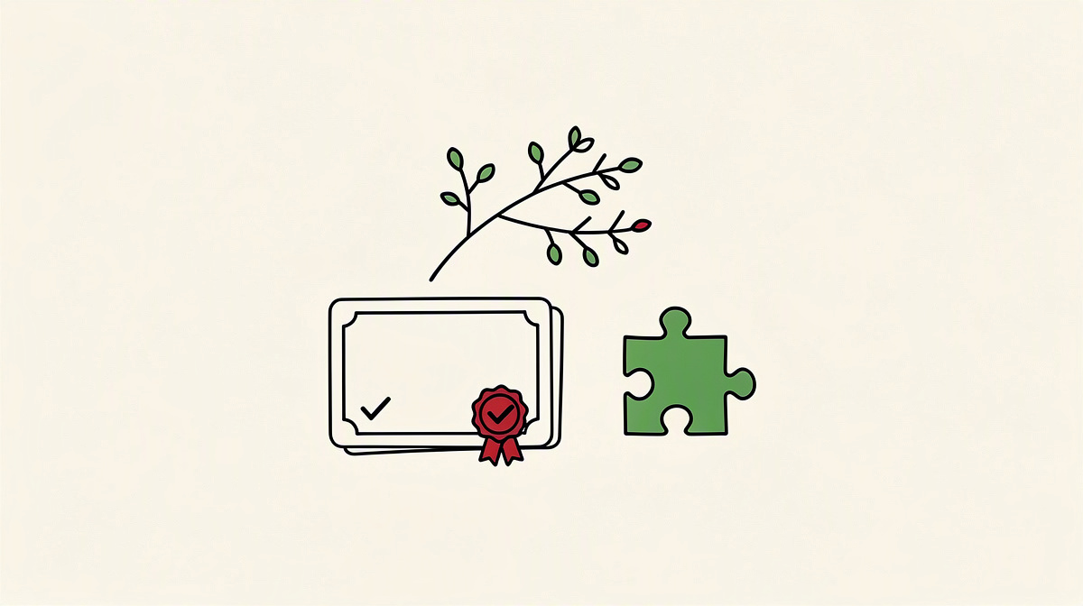 Branch diagram, blank card with seal and puzzle piece on a calm paper background