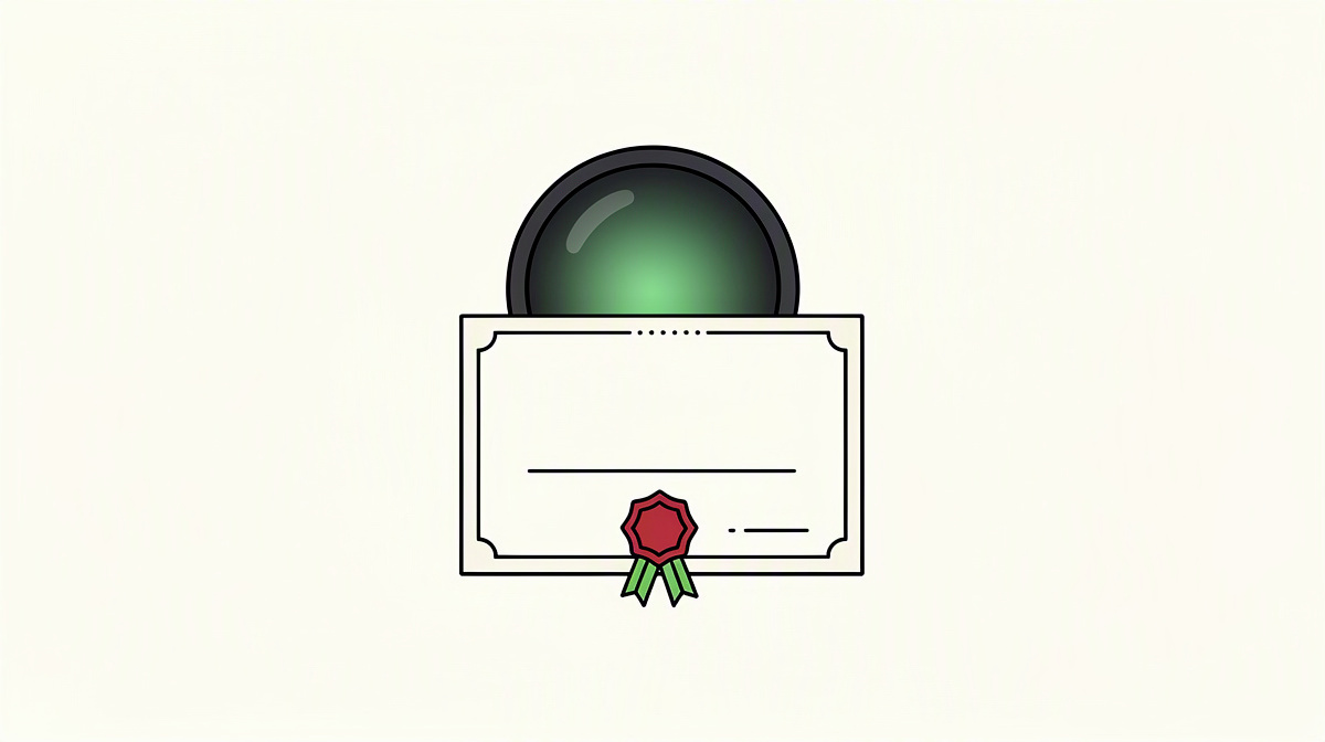 Sealed certificate, dark lens with green shimmer and small protection symbol