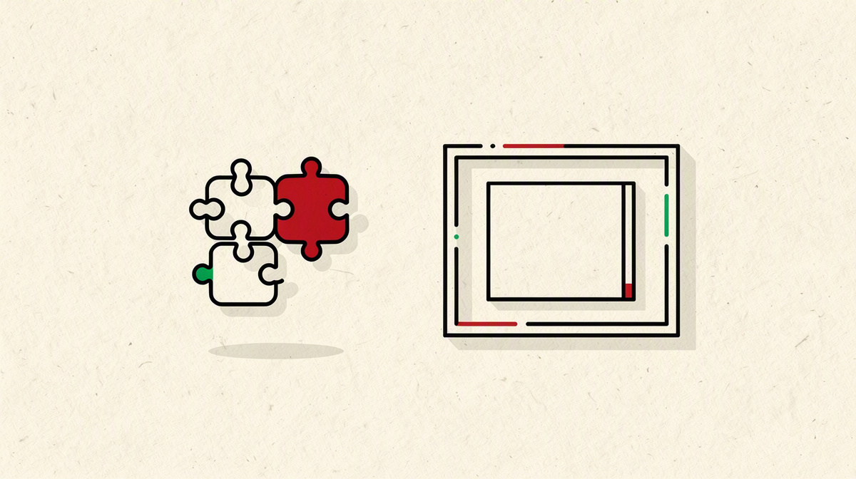 Connected building blocks on the left, a framed overall system on the right against a light background.
