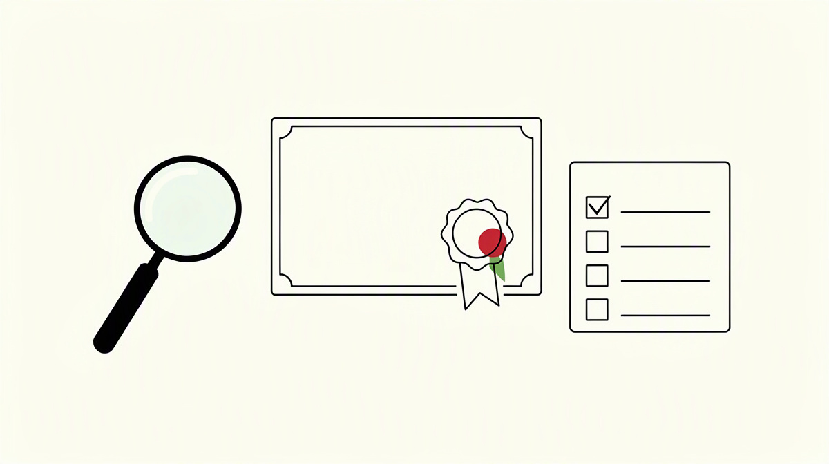 Blank certificate with seal, magnifying glass and checklist as a symbol of test evidence.