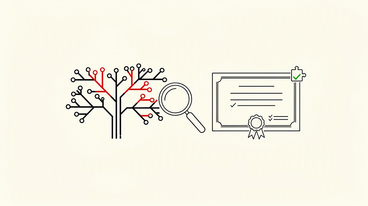 Branching diagram, magnifying glass and sealed certificate as symbols of evidence-based repository audits.