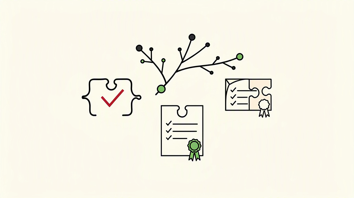 Git branching, a code puzzle piece and an empty checklist as signs of genuine traces of work.