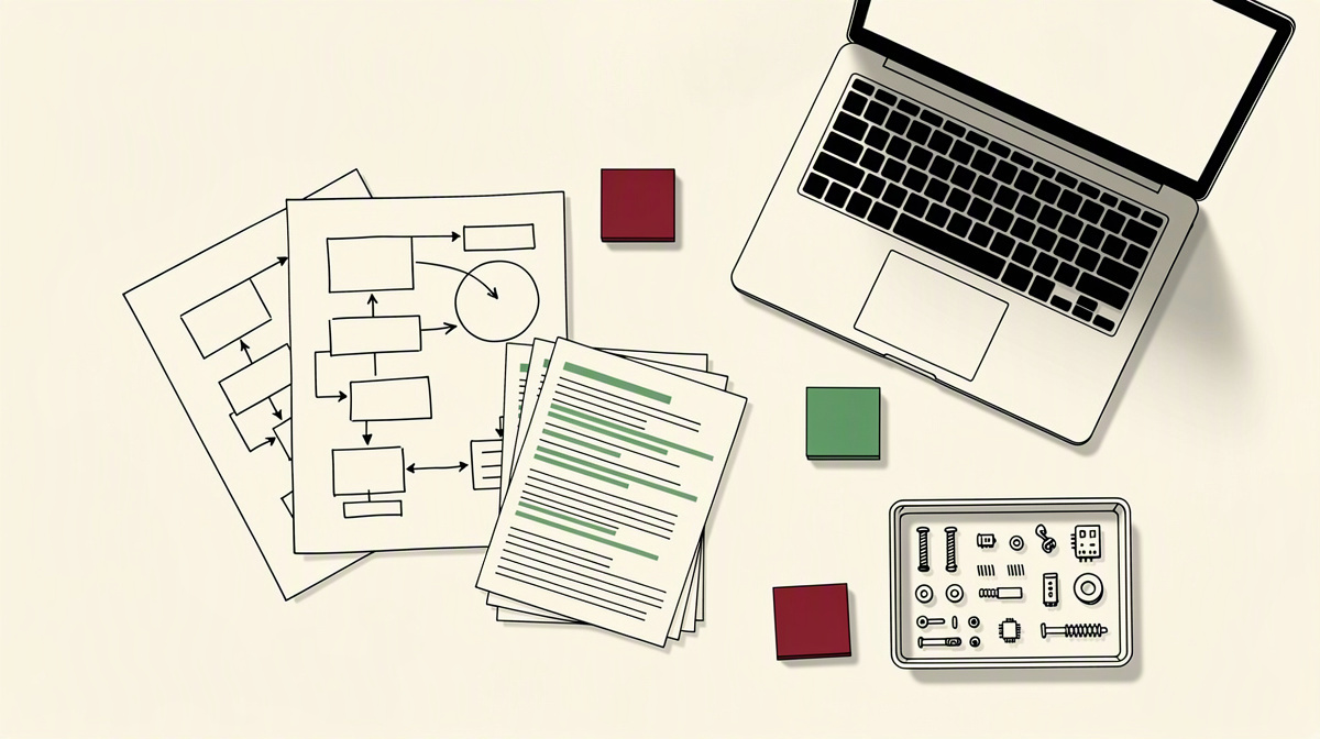 Arbeitsplatz mit Unterlagen, Skizzen und abstrahierten Code-Ausdrucken als prüfbare Arbeitsspuren.