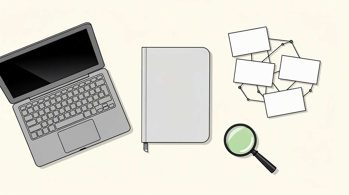 Tischszene mit Laptop, leeren Karten, Notizbuch und Lupe als Sinnbild für überprüfbare Arbeit.