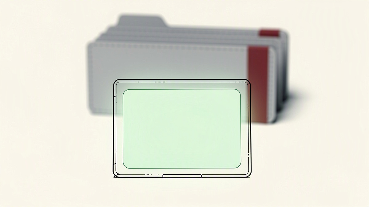 Leuchtende Karte im transparenten Etui, dahinter geschlossene Ordner unscharf im Hintergrund.
