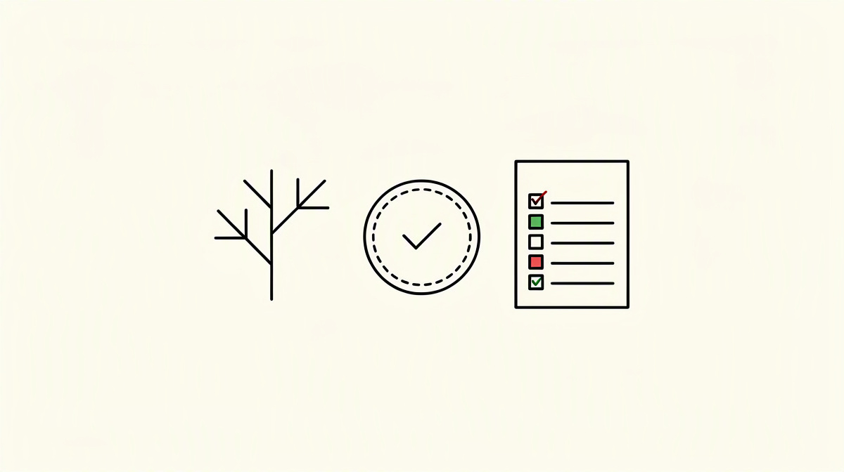 Branching diagram, patch symbol and checklist as an ordered process.