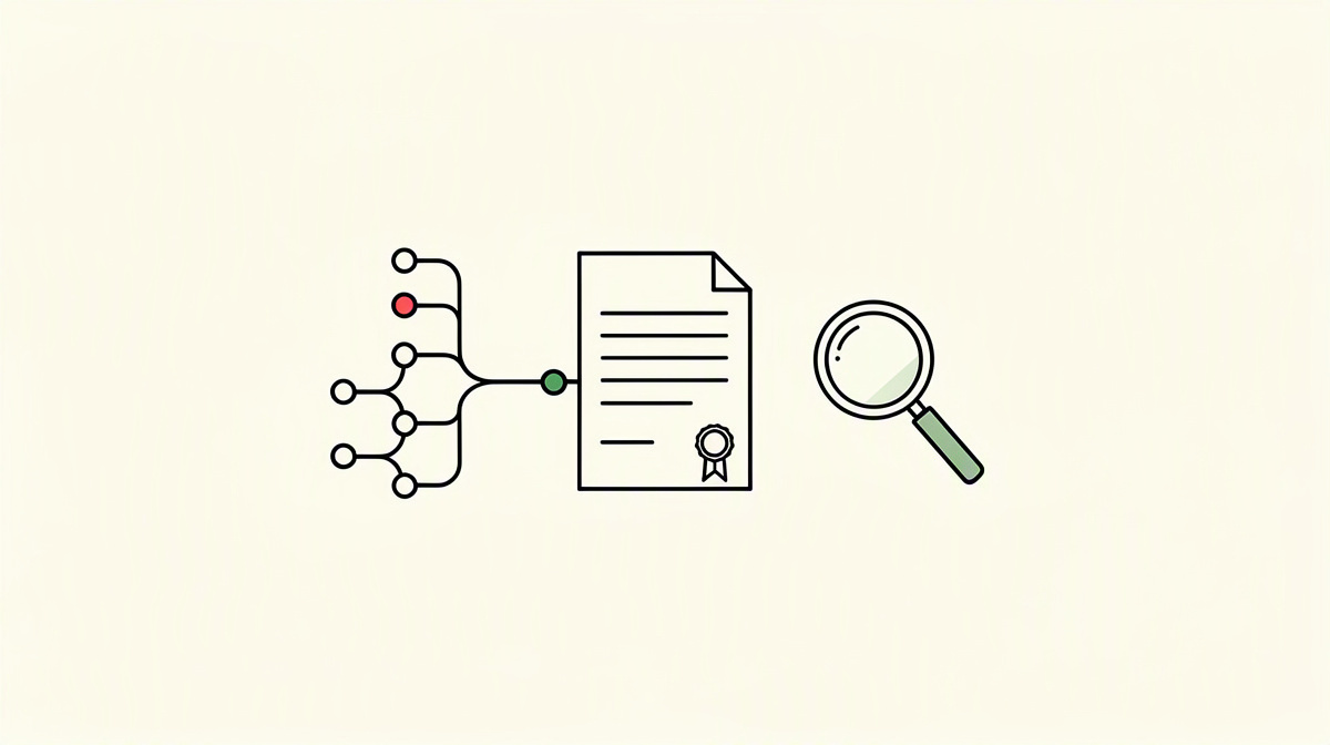 Repository history with a magnifying glass and sealed card on a paper background.