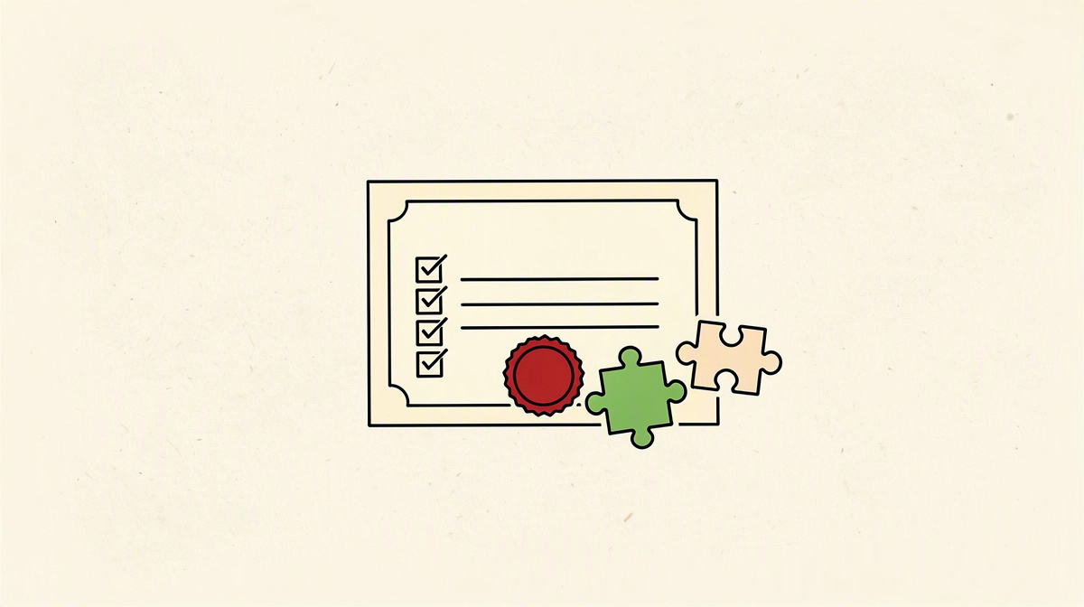Blank certificate with seal, checklist and puzzle piece.