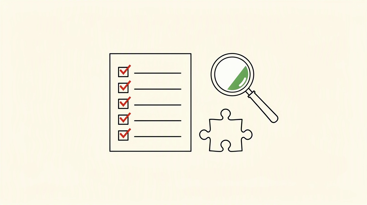 An empty checklist, a single puzzle piece and a magnifying glass as a symbol of limited evidential value.