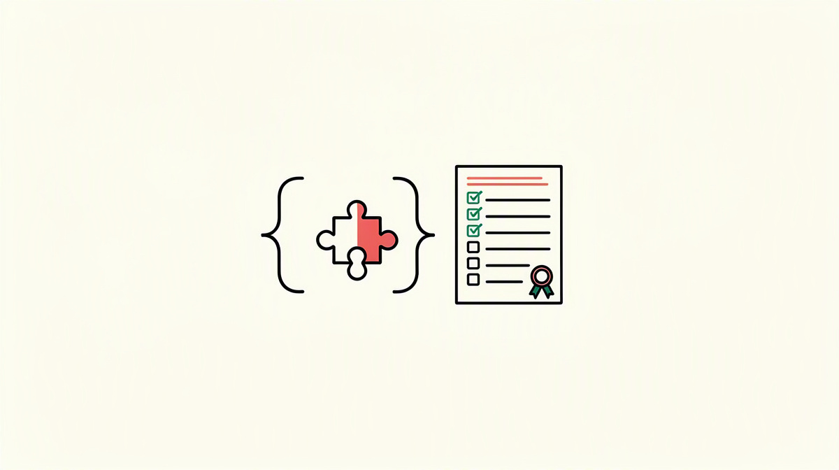 Code bracket, puzzle piece and empty checklist in a calm symbolic illustration.