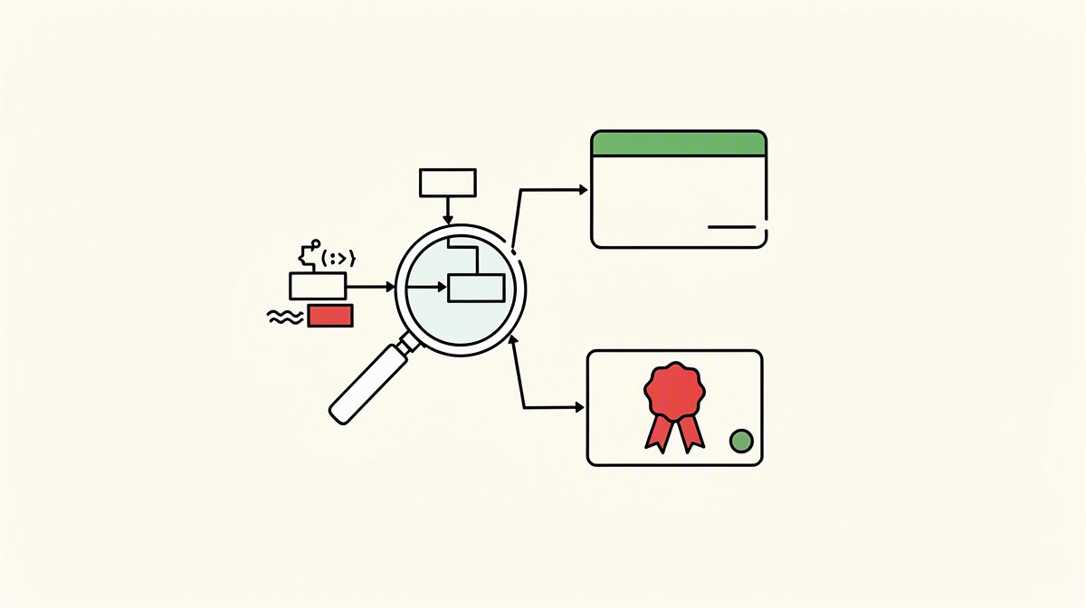 Magnifying glass over a branching diagram beside a sealed card on a light paper background.