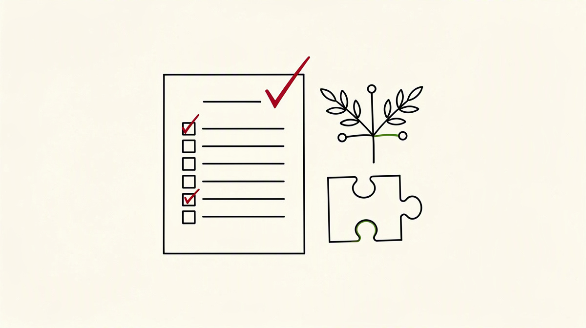 Leeres Prüfblatt, kleines Branch-Diagramm und Puzzleteil als Symbole für Bewertung