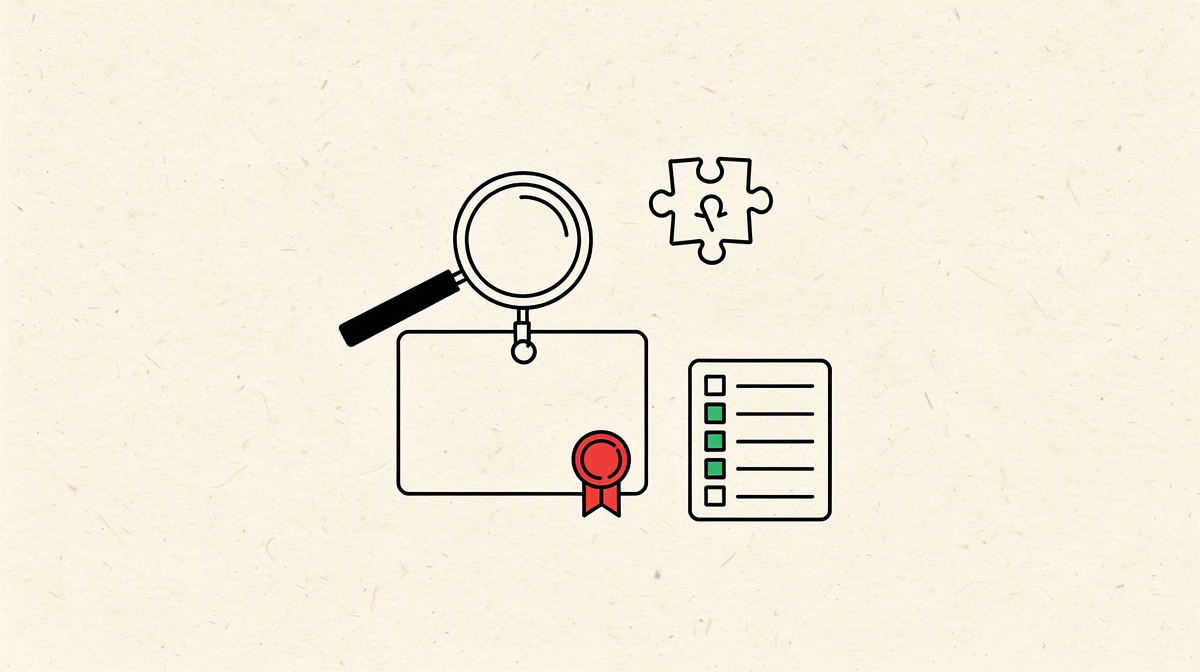 Magnifying glass over a certificate card with seal and a small checklist on a light background.