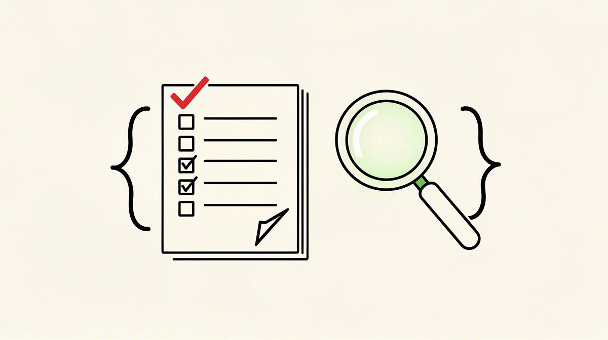 Checklist, magnifying glass and code bracket as a symbol of visible code quality.