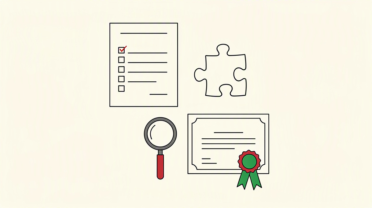 Leere Checkliste, Puzzleteil und versiegeltes Zertifikat als Gesamturteil.