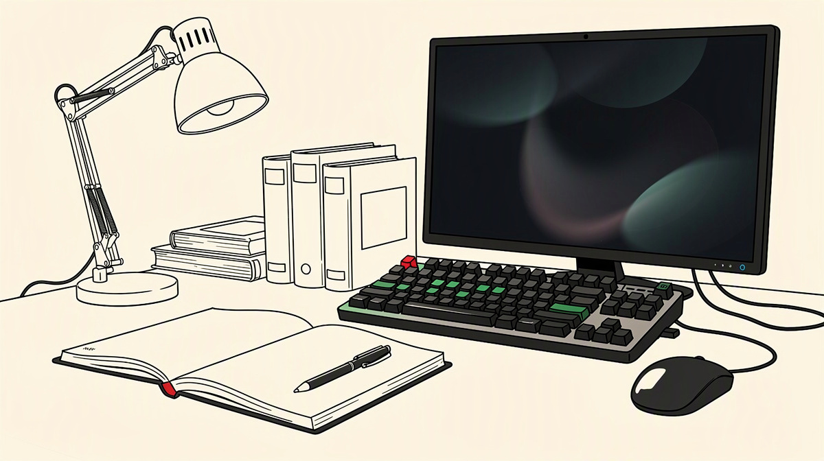 Arbeitsplatz eines Entwicklers mit Notizbuch, Tastatur und sanft leuchtendem Bildschirm.
