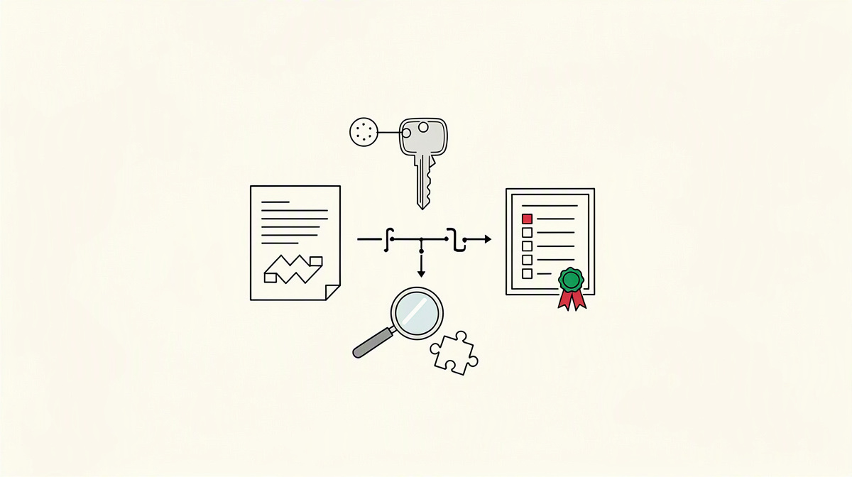 Keys, a token card and a branch diagram as typical secret-scanning findings