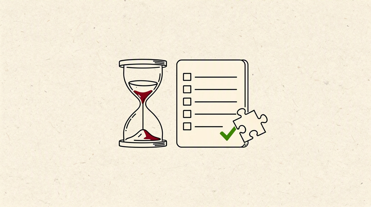 Hourglass, empty checklist and separate puzzle piece as a symbol of effort and lack of clarity.