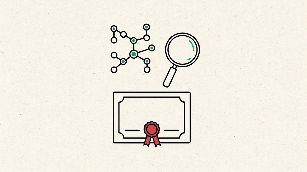 Branched diagram, magnifying glass and blank certificate with seal as a symbol of assessing real work.