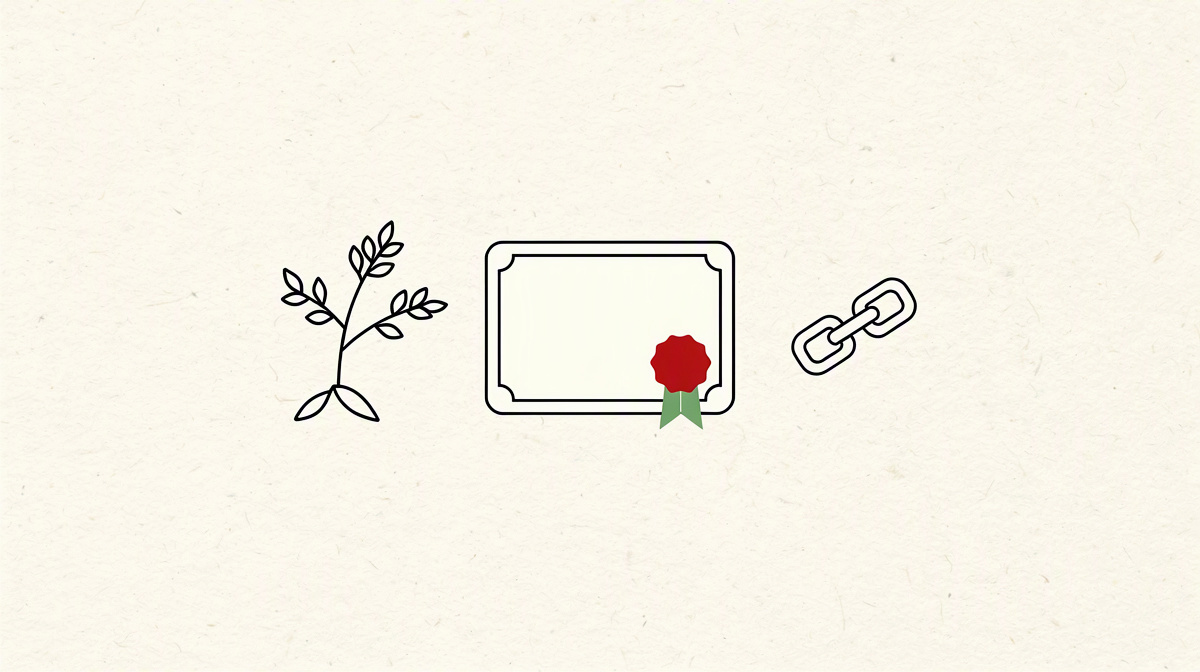 Process with diagram card, certificate and chain symbol on a light background.