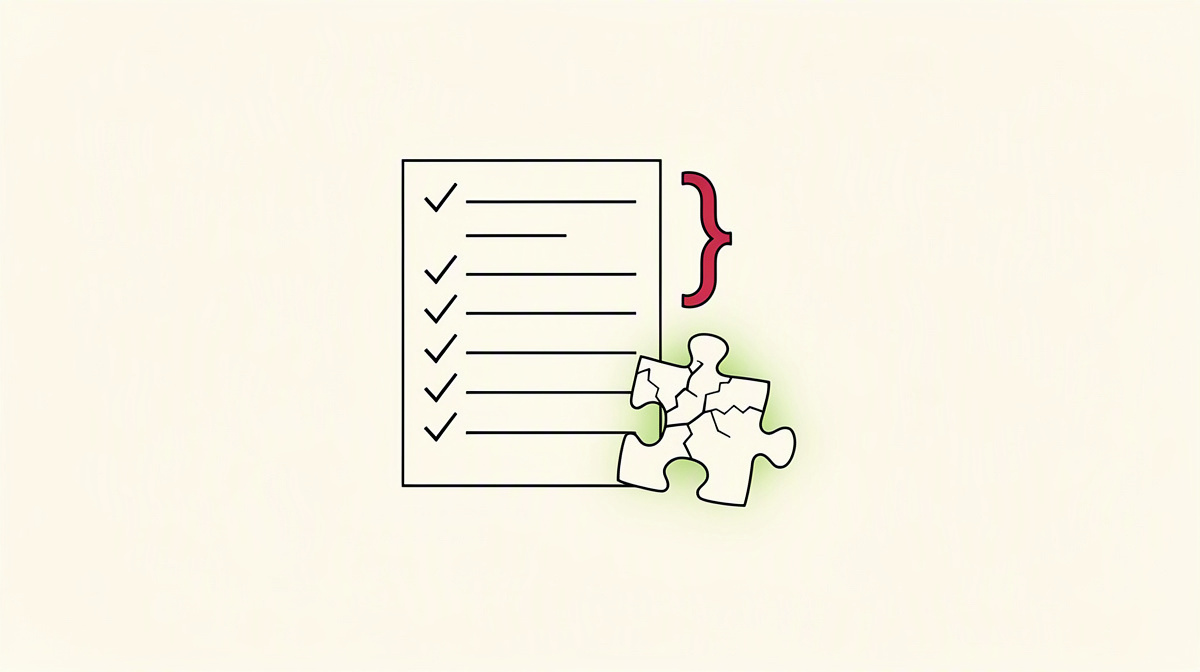 Checklist, puzzle piece and code bracket as an image for strong and weak unit tests.