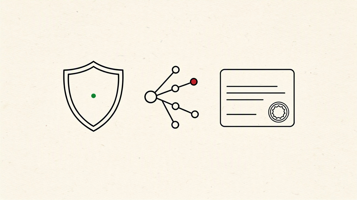 Shield, branching diagram and review card for the interplay of tests, security and review.