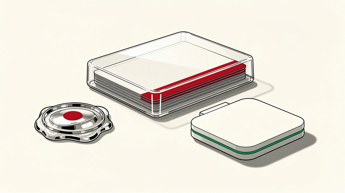 Transparente Bescheinigung in einer Hülle neben einem Wallet-Gerät auf hellem Hintergrund.