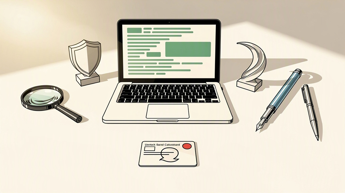 Arbeitsplatz mit Laptop, Prüfobjekten und versiegeltem Nachweis als Sinnbild für Verifikation.