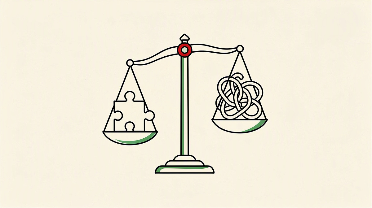 Scales with a puzzle piece and an interwoven bracket shape as a symbol of answer quality