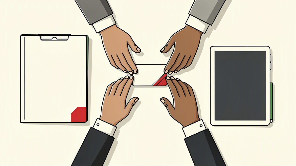 Besprechungstisch mit versiegelter Karte und Unterlagen als Symbol für verifizierte Hiring-Entscheidungen